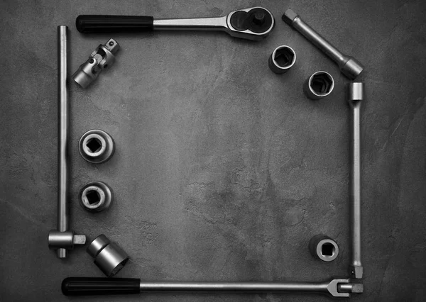 A top view image of hand tools. Set of tools on concrete panel b — Stock Photo, Image