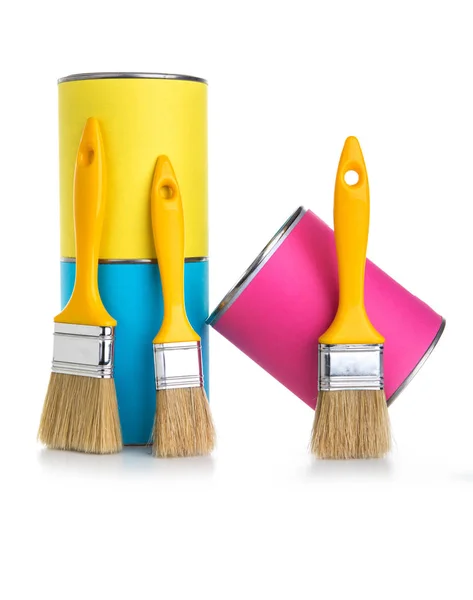 Yellow, blue and pink cans of paint and paintbrush isolated on — Stock Photo, Image
