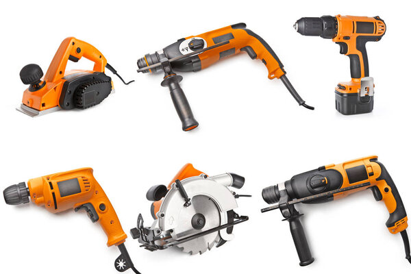 Electric tool set on white background