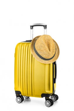 Yaz zamanı seyahat çantası ve hasır şapka