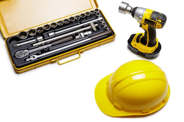 Top view of Working tools. Electric drill, protective helmet and — Stock Photo, Image
