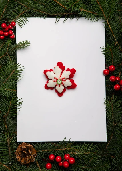 Tvůrčí dispozice z větví vánočního stromku s papírovou kartičkou — Stock fotografie