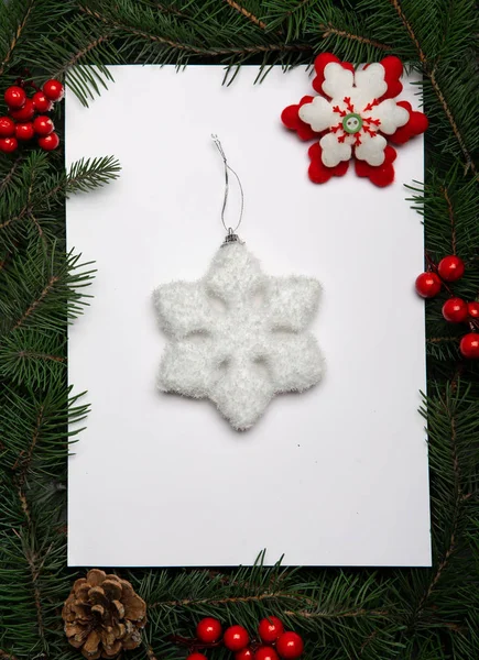 Tvůrčí dispozice z větví vánočního stromku s papírovou kartičkou — Stock fotografie