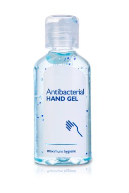 Beyaz arka planda izole edilmiş bir şişe antibakteriyel el dezenfektan şeffaf jel..