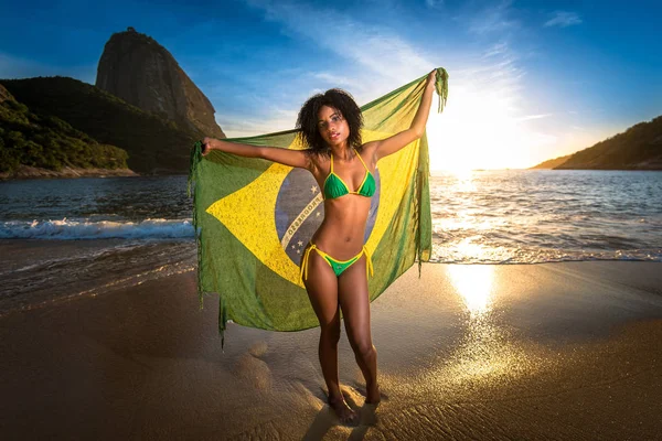 Chica con bandera brasileña en la playa Fotos De Stock Sin Royalties Gratis