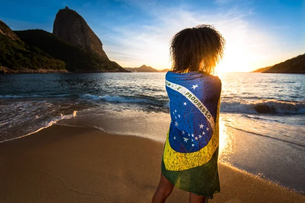 Chica con bandera brasileña en la playa Imágenes De Stock Sin Royalties Gratis