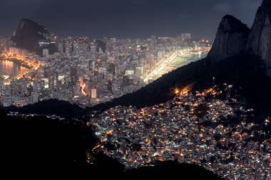 Rio de Janeiro 'daki Gecekondu ve Ipanema Mahallesinin Hava Gecesi Görünümü, Brezilya Halkının İki Farklı Gerçekliği