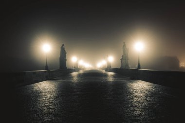 Puslu bir gecede Prag 'daki Charles Köprüsü manzarası