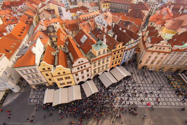 Crowd of Tourists in the Old Town Square of Prague, View From Above