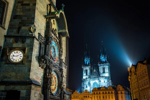Astronomical Clock Church Our Lady Tyn Prague Old Town Night — Stock Photo, Image