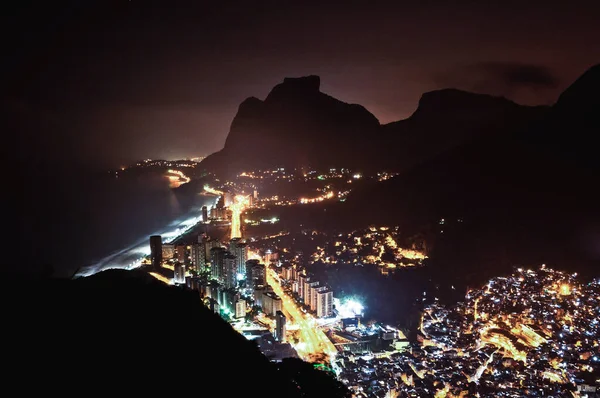 Vista Noturna Distrito São Conrado Pouco Rocinha Favela Pedra Gavea — Fotografia de Stock