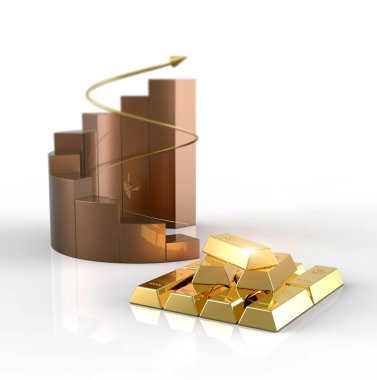 Borsa grafiği olan altın külçeler. Ekonomi ve finans, yatırım ve emtia pazarı.