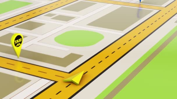 Taxi service et pointeur carte emplacement destination urbaine animation vidéo 3D 