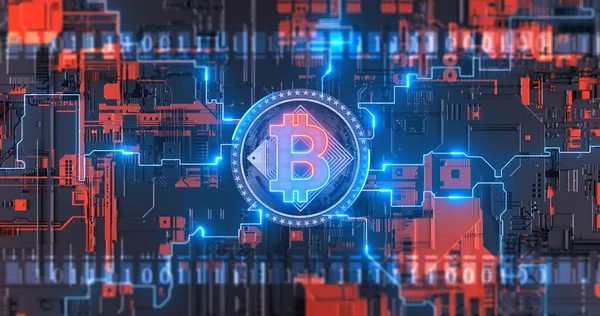 Криптовалюта Bitcoin Blockchain Символ Цифровой Сети Шифрования Плате — стоковое фото