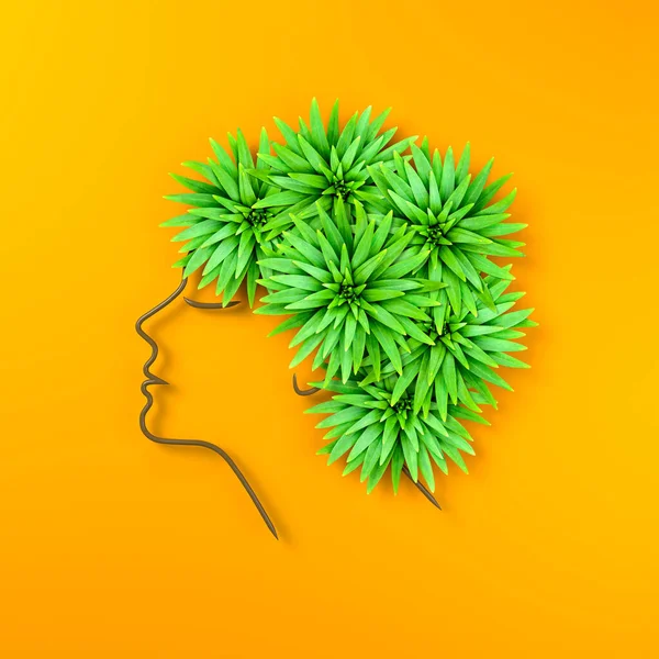 Creative profile picture of a woman with hair from lily leaves. Offbeat female hairstyle. Bright orange background. Minimalism style. 3d illustration.