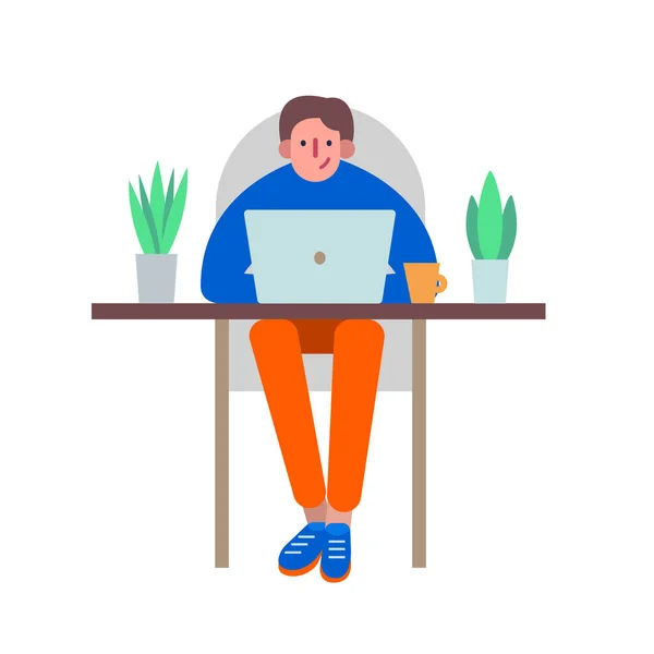 Facet używający laptopa do pracy w oddali. Freelancer pracuje w domu, otoczony przez idealną koncepcję roślin domowych. Zostań w domu, uważaj na siebie. — Wektor stockowy