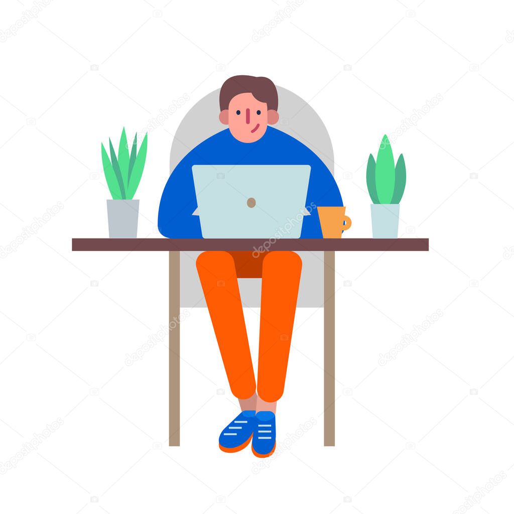 Man using a laptop to work in the distance. Freelancer works at home surrounded by home plants concept perfect workspace. Stay home, be safe