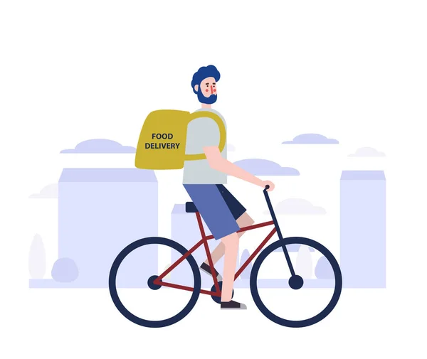 Teslimat Servisi, Bisiklet Binen Erkek Kurye Siluet Şehir Binalarının Üzerinde Kutu Paketi Yatay Sancak Düz Vektör İllüstrasyonu