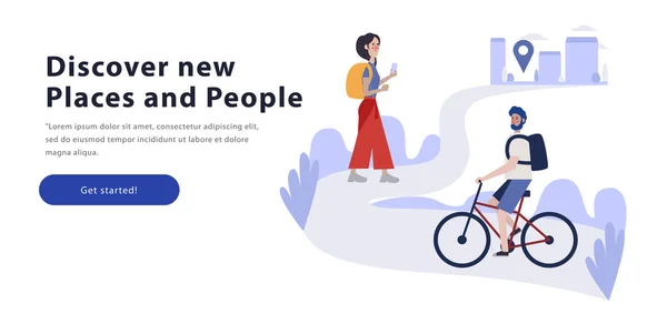 Bisikletle seyahat eden yabancı ülke vekil adamı ve bagaj karikatür karakterli kadınları keşfeden turistler. Dünya gezisi yatay konsepti. Tatil kompozisyonunda sırt çantalı gezginler