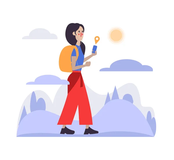 Векторная молодая девушка с рюкзаком с помощью смартфона мобильное приложение навигации с местоположением маркер пешеходная дорога — стоковый вектор