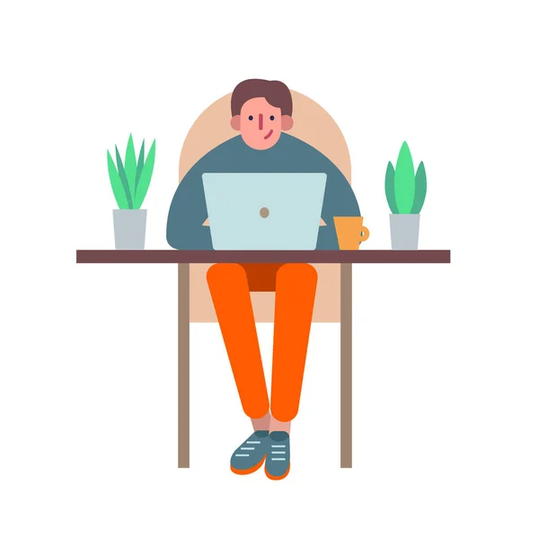 Un hombre que usa un portátil para trabajar a distancia. Freelancer trabaja en casa rodeado de plantas domésticas concepto de espacio de trabajo perfecto. Quédate en casa, cuídate. — Vector de stock