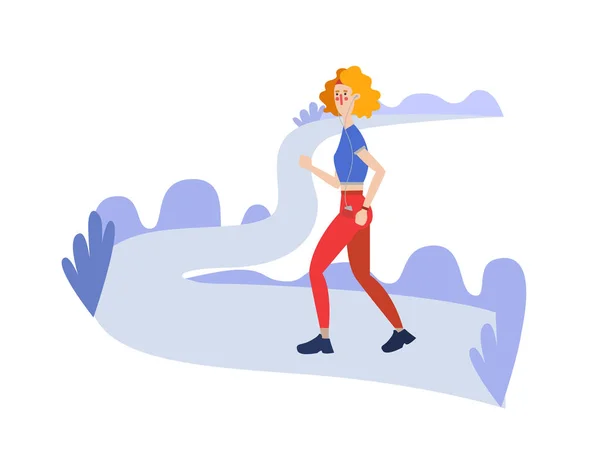走っている女性とのバナーデザインに良い水平フラットイラスト。ランニングトラッキングアプリのための明るい色のコンセプトでスポーツイラストをジョギング. — ストックベクタ