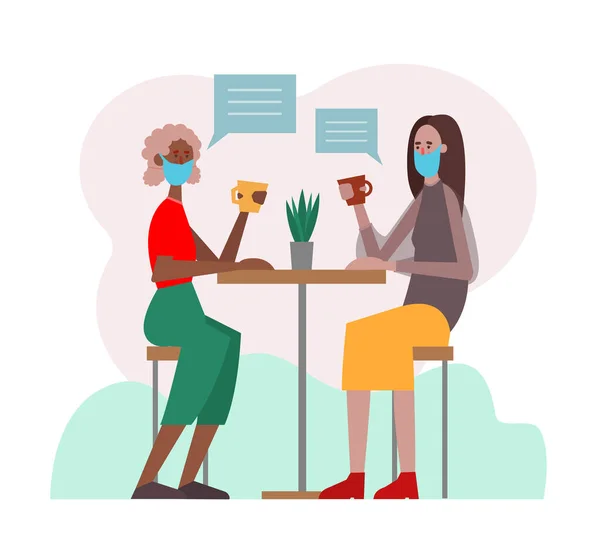 İki vektör genç kadın kahve içerken yüz maskesi konsepti ile arkadaşlarıyla sağlıklı iletişim kurarlar. Yüksek hava kirliliğine karşı