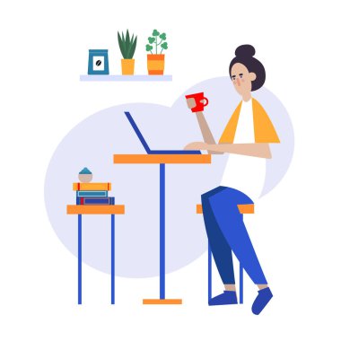 Laptope 'u serbest çalışan genç beyaz kadın kavramı.