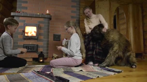 Lugn Familjekväll Kvällen Före Jul Pojke Och Flicka Leker Mattan — Stockvideo