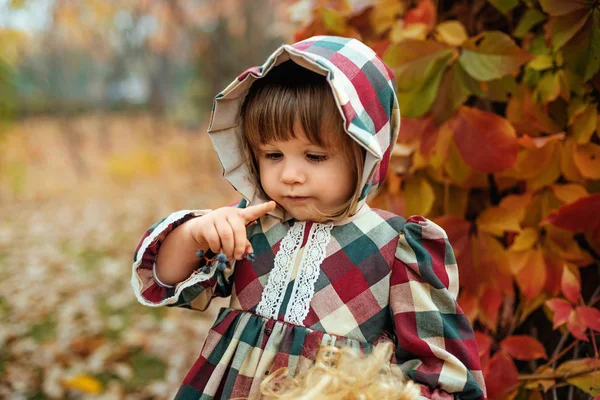 Kleines hübsches Mädchen im Vintage-Kleid mit Porzellanpuppe im Herbstpark — Stockfoto