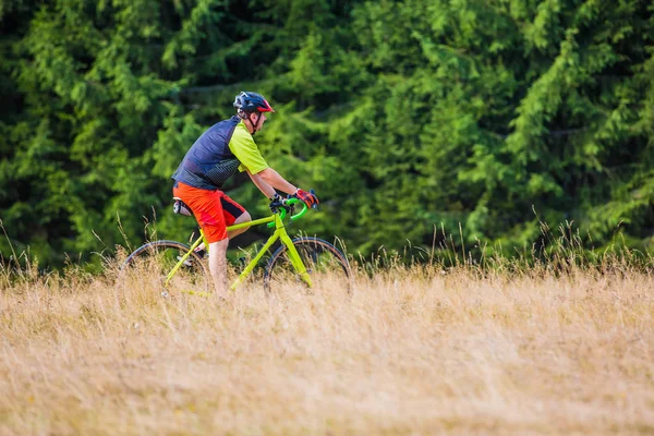 Fietser Rijden Buurt Van Hooi Pijnbomen Door Het Bergpad — Stockfoto