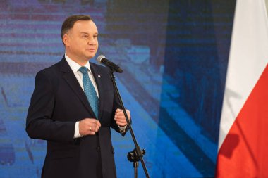 Rynarcice, Polonya - 8 Ekim 2019: Kghm Polska Miedz 'e ait bakır madeninde Polonya Cumhurbaşkanı Andrzej Duda.