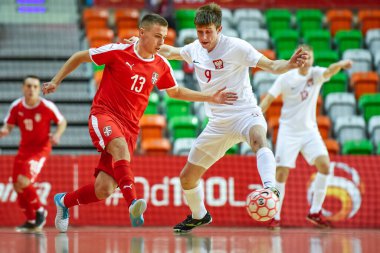 LUBIN, POLAND - 2 Aralık 2019: Futsal dostluk maçı Polonya Sırbistan 'a karşı 4: 1. Hareket halinde Milos Stoykoviç (L) ve Tomasz Lutecki (R)).
