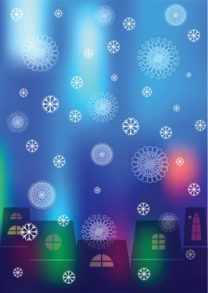 Zimní domy siluety a sněhové vločky v noci — Stockový vektor