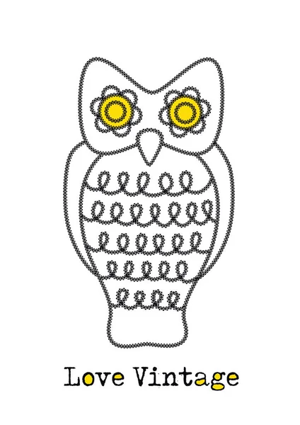 Black and white vintage owl with yellow eyes — Stock Vector