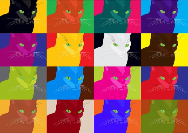Set Funny Vector Pop Art Cats Many Colorful Cats Poster — Stock Vector
