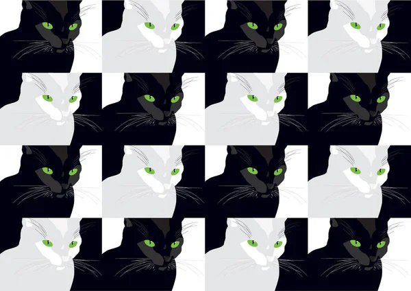 Black White Vector Pop Art Cats Green Eyes Realistic Cats — Stock Vector