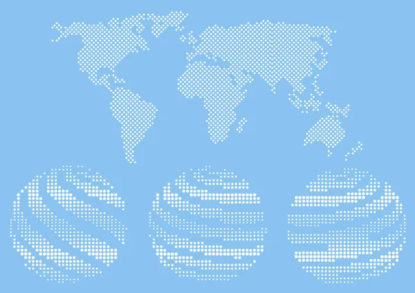 Silueta Mapa Mundial Lunares Vector Blanco Tres Globos Tierra Aislados — Vector de stock