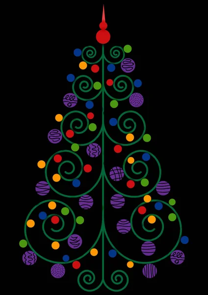 Cor vetor decorado árvore de natal ilustração isolada no fundo preto — Vetor de Stock
