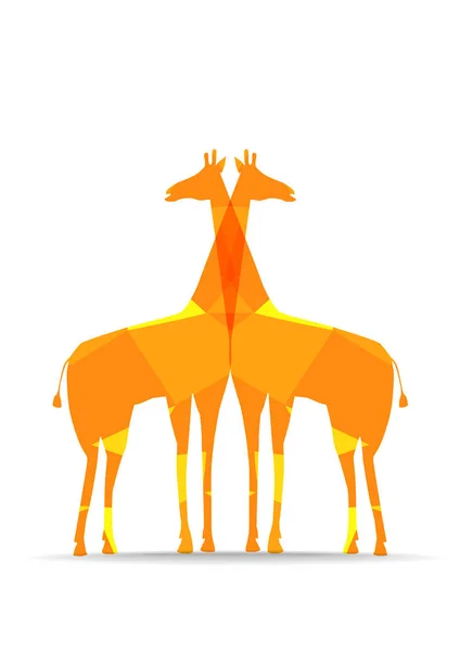 Two giraffes silhouettes of orange polygonal shapes isolated on white background — Stock Vector