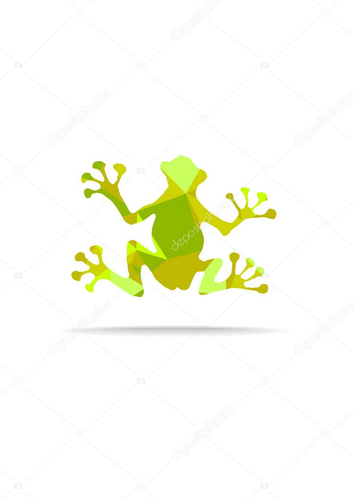 simple vector green frog silhouette of bright mosaic triangles, flat design vector frog with shadow isolated on white background