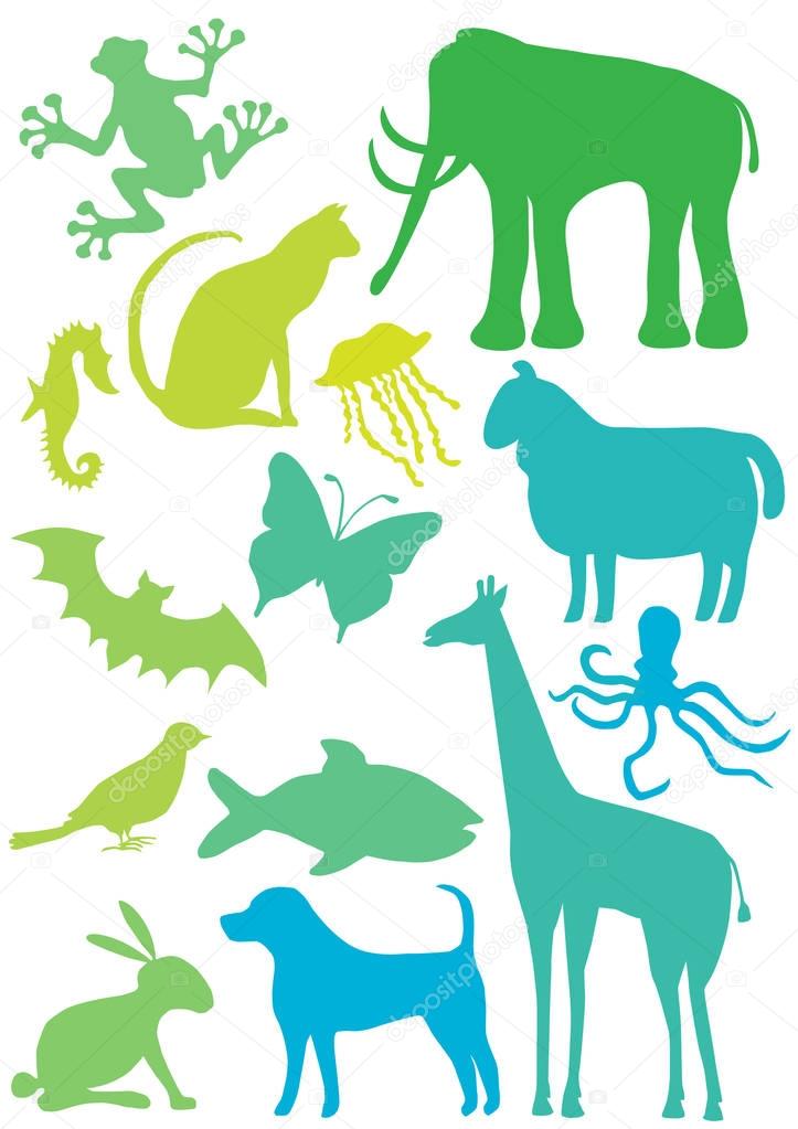 set of bright vector animals silhouettes isolated on white background