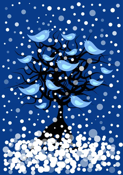 Vector invierno ilustración de aves en árbol desnudo — Vector de stock