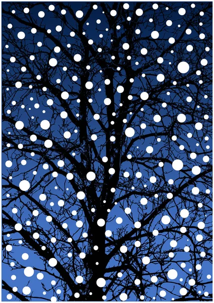 Vector winter illustration of tree silhouette and snowflakes — Stock Vector