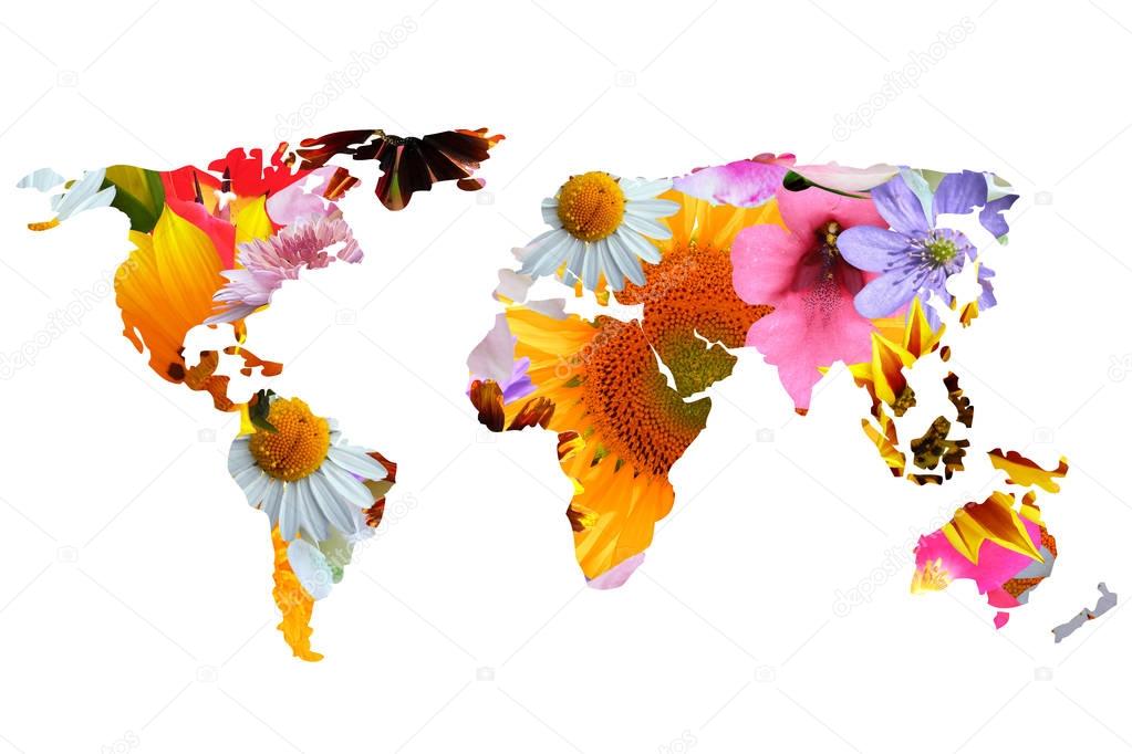 world map silhouette made of colorful flowers