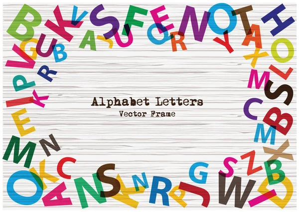 Set di lettere luminose alfabeto vettoriale su sfondo texture in legno. Rainbow design piatto alfabeto lettere collection.Alphabets cornice con posto per il vostro testo . — Vettoriale Stock