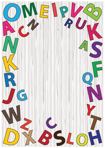 Ensemble de lettres d'alphabet vectoriel lumineux sur fond de texture en bois. Rainbow flat design alphabet lettres collection.Alphabets cadre avec place pour votre texte . — Image vectorielle