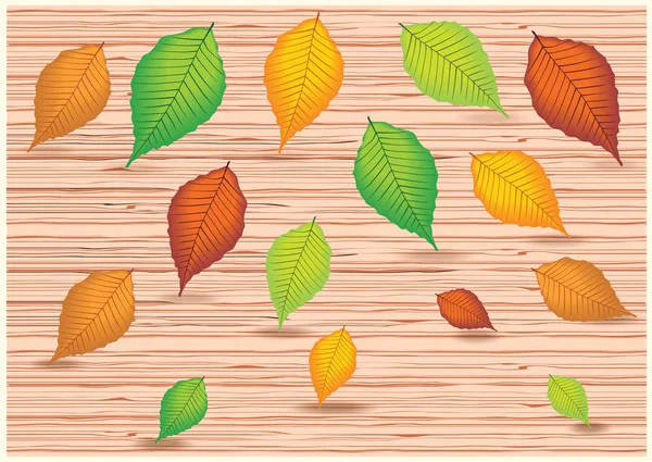 Diseño brillante vector con hojas de colores sobre fondo de madera . — Archivo Imágenes Vectoriales