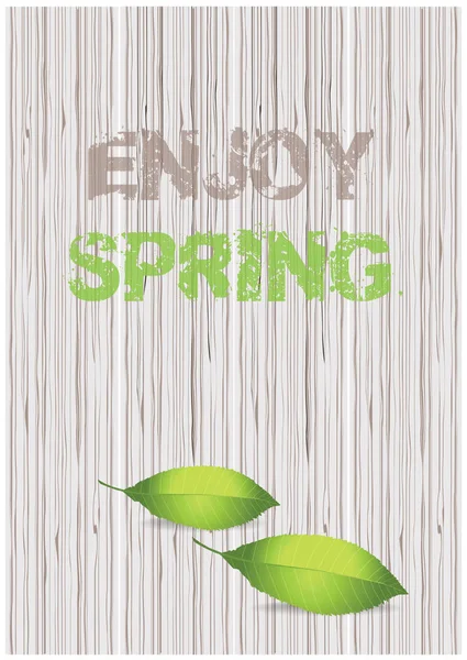 Enjoy spring vector design with green leaves on wooden background. — Stock Vector