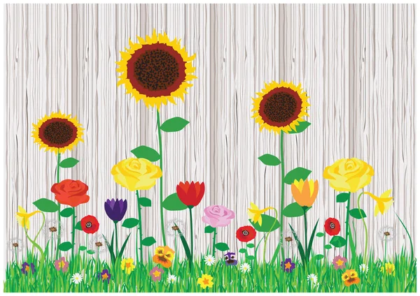 美しい咲く春と夏の花の色ベクトル漫画イラスト. — ストックベクタ